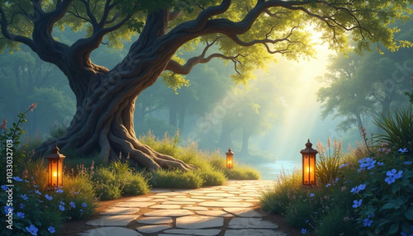 Fototapeta Magical old oak tree with lanterns and flowers in a sunlit meadow