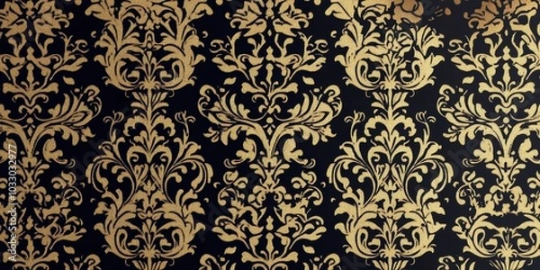 Fototapeta Gold floral pattern on black background.