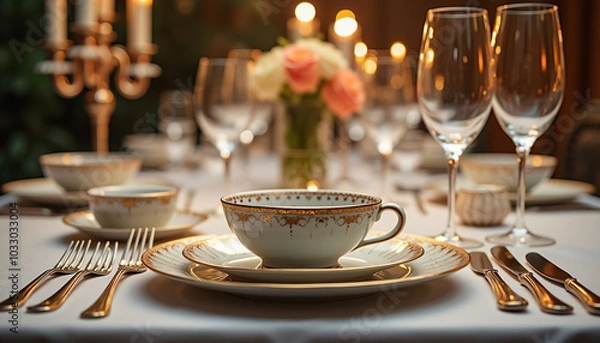 Fototapeta Formal dining table setting with elegant plates and wine glasses