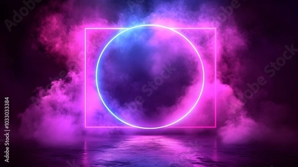 Fototapeta A brightly colored glowing ring floating in the middle of a cloud of smoke gives a sense of mystery and supernatural energy. It can be used as a symbol of creativity or novelty in design or marketing.