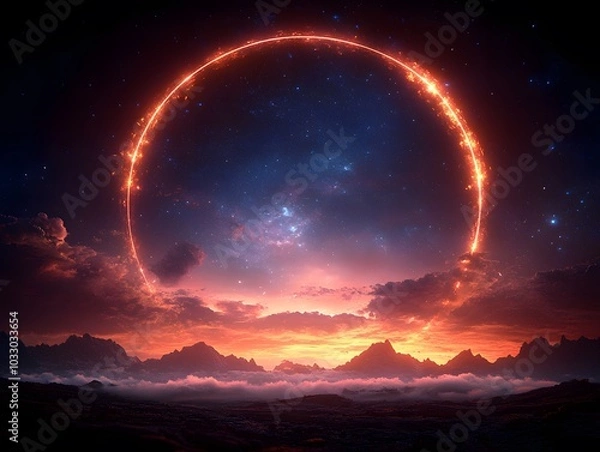 Fototapeta A brightly colored glowing ring floating in the middle of a cloud of smoke gives a sense of mystery and supernatural energy. It can be used as a symbol of creativity or novelty in design or marketing.