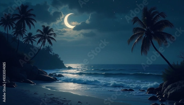 Fototapeta Tropical beach at night under a full moon with palm trees