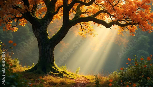 Fototapeta Majestic oak tree in a sunlit autumn forest