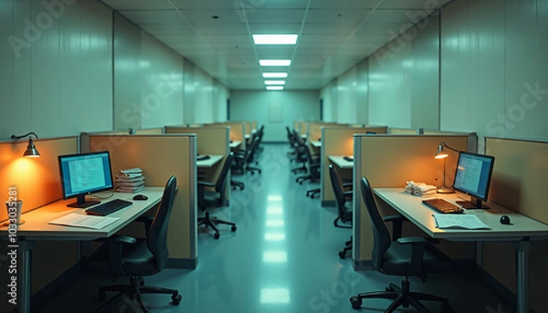 Fototapeta Office space with rows of empty desks under fluorescent lighting