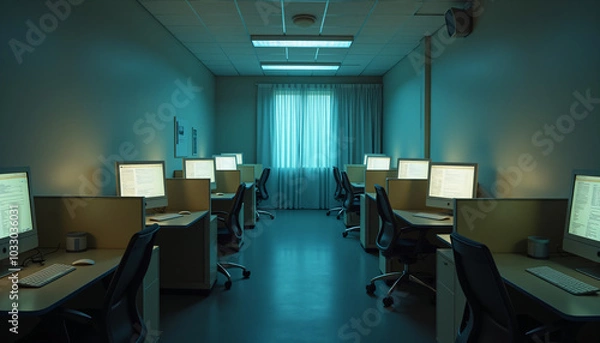 Fototapeta Empty office room with dim lighting and rows of desks