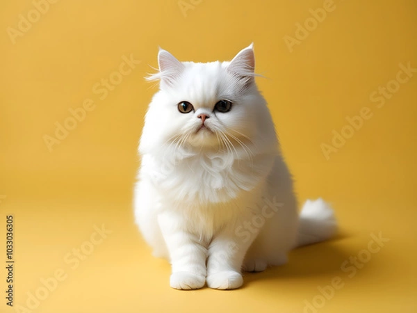 Obraz portrait of a cute little white persian cat sitting on yellow background	