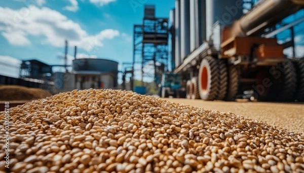 Fototapeta Close-up of a pile of grain in front of a large industrial grain silo.