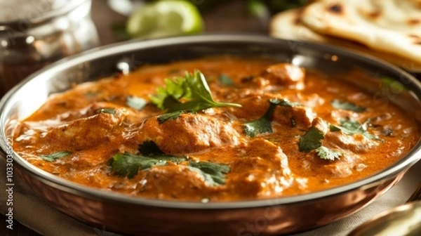 Fototapeta A close-up of butter chicken curry with naan, the creamy sauce and vibrant spices emphasized for a mouth-watering effect