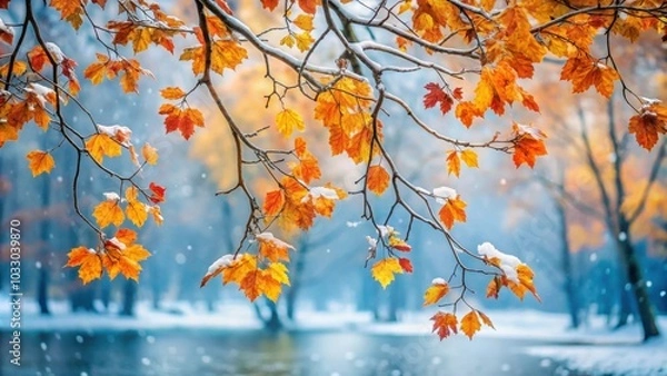 Fototapeta Beautiful autumn leaves on bare branches contrasted against a snowy backdrop, autumn, leaves, bare branches, snow, backdrop