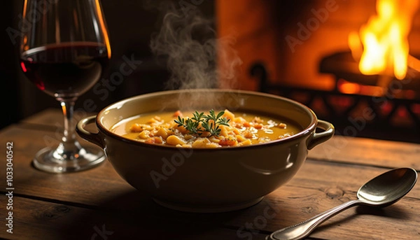 Fototapeta Bowl of soup served with wine by the fireplace