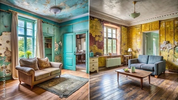 Fototapeta Before and After Renovation: Stunning Transformation of Dilapidated Room to Modern Stylish Interiors