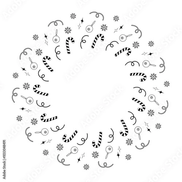 Obraz Striped Candy cane, snowflakes abstract stars and Christmas tree decorations Circle Frame border