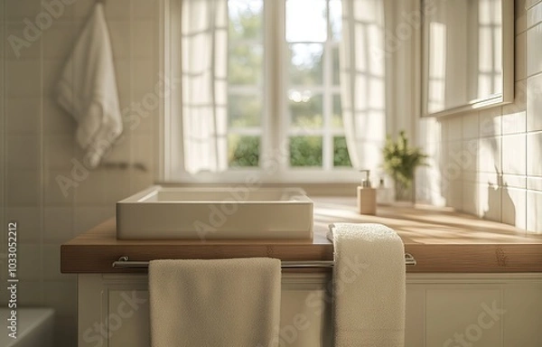 Obraz Modern and minimalist bathroom interiors with natural light. AI generated image