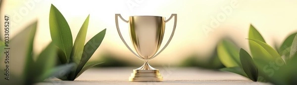 Fototapeta Golden trophy on a podium surrounded by green leaves.