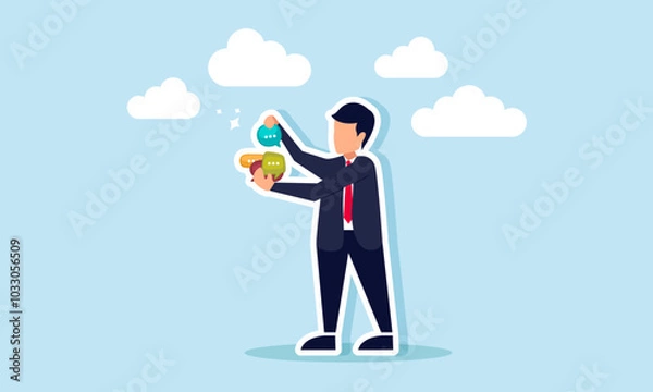 Fototapeta A businessman selects dialogue from various options, illustrating the process of choosing and filtering suggestions for evaluation and acceptance