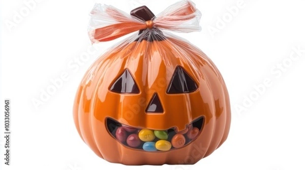 Fototapeta Halloween candy bag shaped like a pumpkin, filled with assorted candy, isolated on white background
