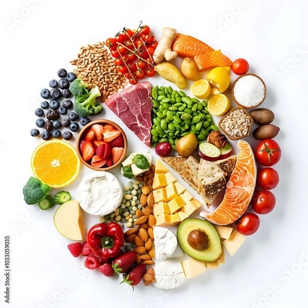 Fototapeta Top view of plate with variety of vegetables, fruits and cheese isolated on white background