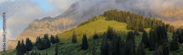 Obraz Alpine Forest Hill Against Mountain Wall