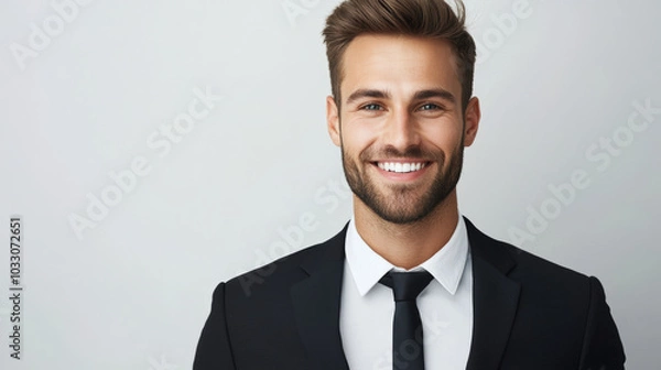 Fototapeta confident businessman in suit, smiling warmly against neutral background. His professional appearance and friendly demeanor convey success and approachability