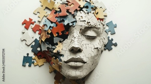 Fototapeta Torn paper head with puzzle pieces scattered, symbolizing trauma and mental health recovery, isolated on white background