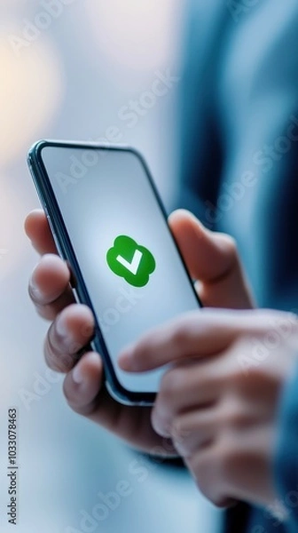 Fototapeta Person using smartphone with green check symbol on screen, blurred background.