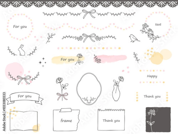 Obraz かわいい手描きのフラワーフレームやラインのイラストセット