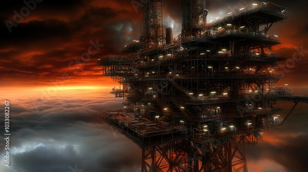 Fototapeta Dystopian oil rig towering above clouds, illuminated against dramatic sunset. structure showcases intricate details and sense of isolation in surreal environment