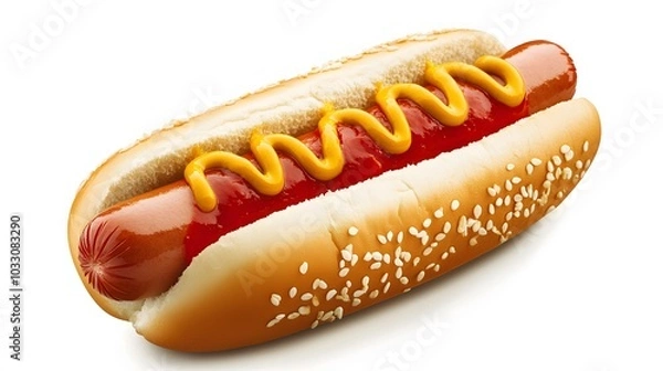 Fototapeta Hot dog with mustard and ketchup, side view isolated on a white background. 