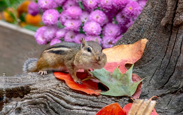 Obraz chipmunk with full cheeks poses in a fall garden with leaves and mums