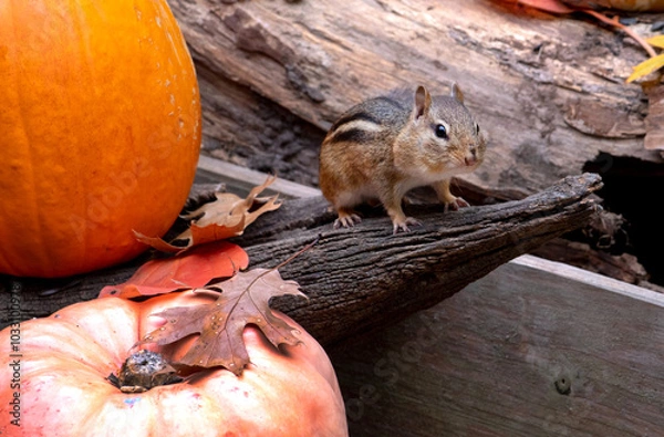 Obraz little chipmunk on a log with fall leaves and a pumpkin