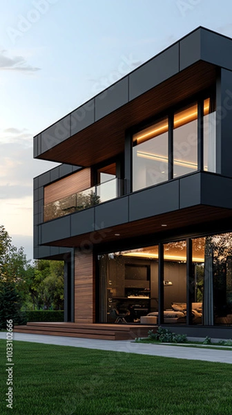 Fototapeta A modern house design featuring sleek lines, large windows, and a harmonious blend of wood and metal elements.
