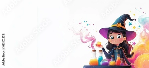 Fototapeta Halloween witch standing next to her potion table, with colorful potions and magic swirling around her, kidsbook-style, isolated on white 