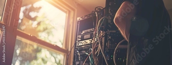 Fototapeta A dedicated technician in a modern office setting maintaining a network server, surrounded by cables and routers in the background. administrator, IT maintenance,professional,cloud server,serious
