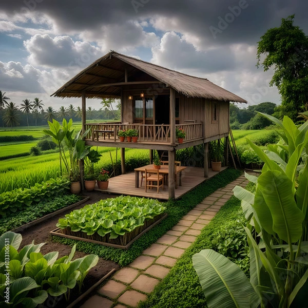 Fototapeta A quaint wooden hut with a thatched roof sits on stilts overlooking a lush green field, where rows of young plants are tended to by an unseen gardener. 