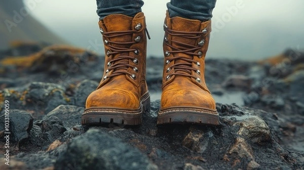 Fototapeta A close-up of rugged brown boots on rocky terrain, suggesting adventure and exploration.