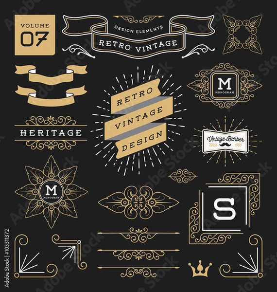 Obraz Set of retro vintage graphic design elements. Sign, frame labels, ribbons, logos symbols, crowns, corner, flourishes line and ornaments. Vector illustration