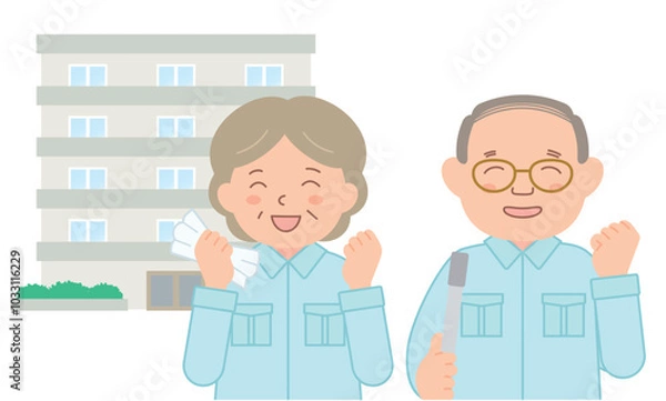 Obraz 作業着を着たシニアの清掃スタッフ