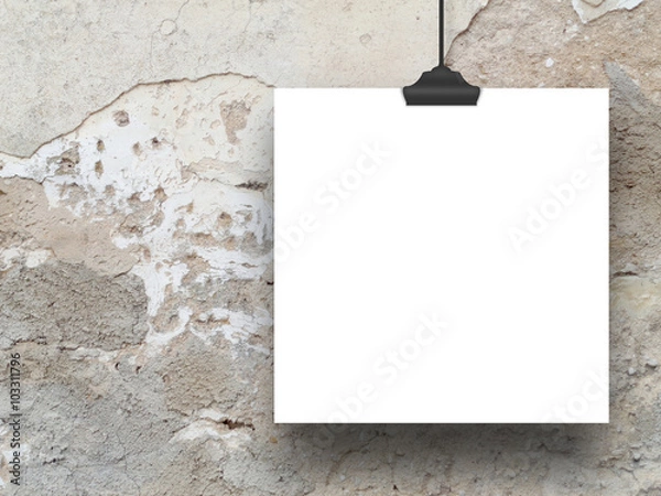 Obraz Close-up of one square paper sheet with clip on scratched and cracked plaster wall background