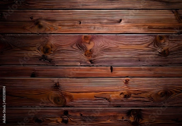 Fototapeta  (Rustic Wood Wall): "A rustic wood wall background with different shades of brown, detailed wood grain, and slightly uneven wood planks. The floor is made of wide, weathered planks, creating an 