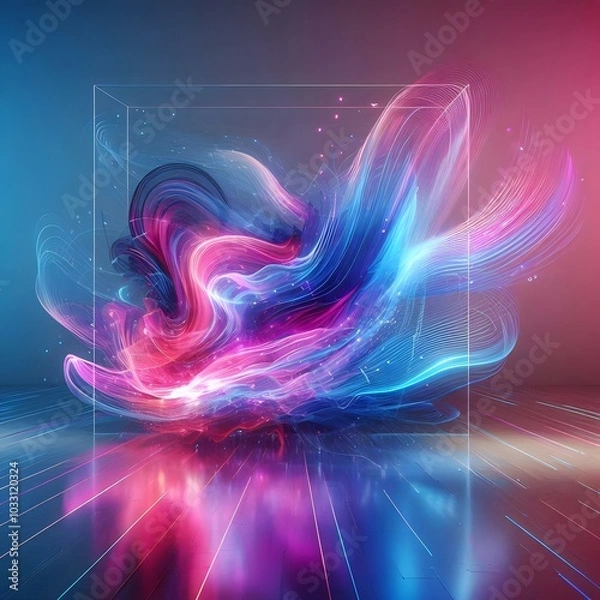 Fototapeta (Abstract Neon Wall): "A modern abstract background with a mix of neon pink, blue, and purple hues swirling together to create a sense of energy and motion. The central area is left clear for placemen
