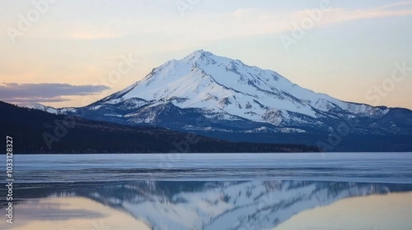 Fototapeta A snow-capped mountain peak reflected in a frozen lake at sunset.