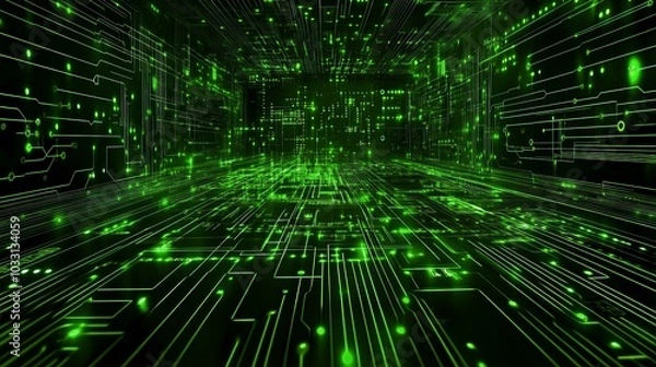 Fototapeta Futuristic Digital Landscape with Glowing Green Circuits and Lights