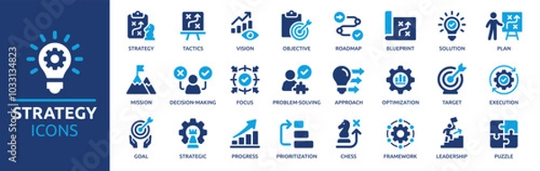 Fototapeta Strategy icon set. Containing goal, tactics, vision, plan, objective, roadmap, problem-solving, mission, solution and execution. Solid vector icons collection.