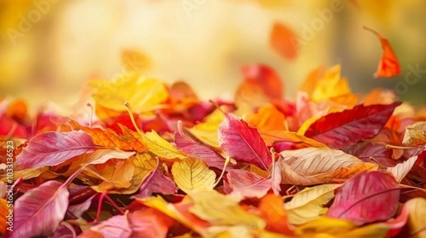 Fototapeta A pile of colorful autumn leaves with some falling in the background.