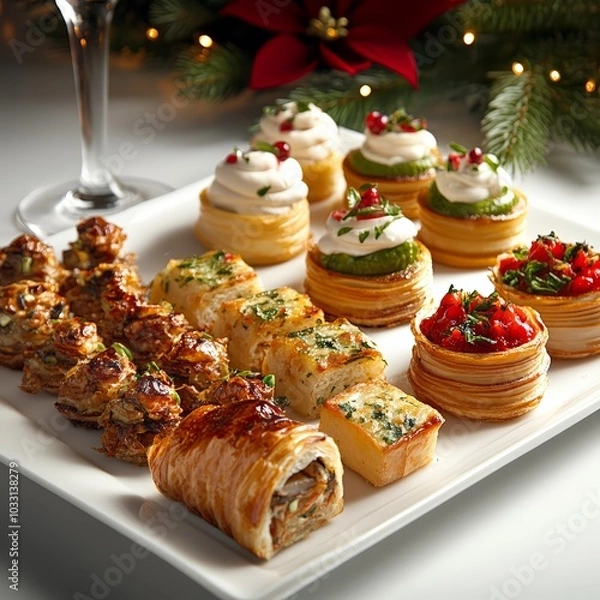 Obraz Elegant Holiday Appetizers Platter with Festive Decor