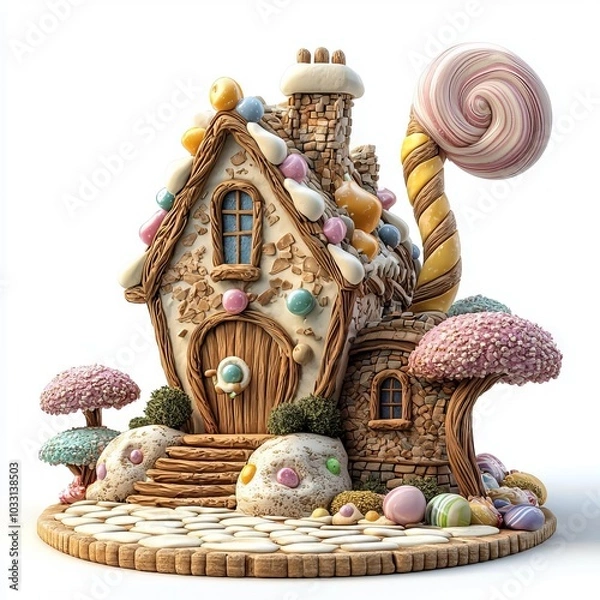 Obraz Whimsical candy house with colorful decorations, white isolate background