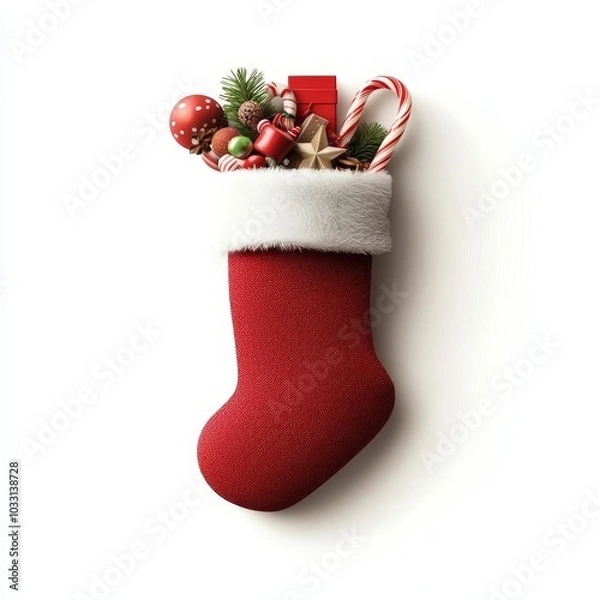 Obraz Christmas stocking filled with festive decorations, white background