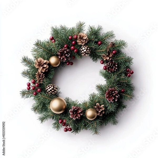 Obraz Christmas wreath with pinecones and ornaments, white isolated background