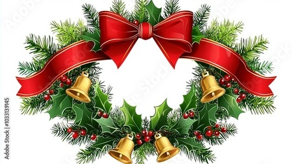 Obraz Christmas wreath with bells and red ribbon, white isolate background