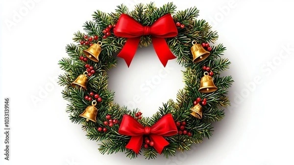 Obraz Christmas wreath with bells and red ribbons, white isolate background